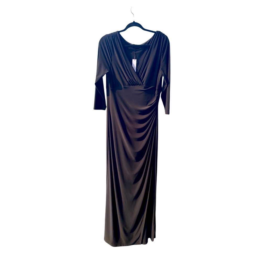 LAUREN RALPH LAUREN BLACK JERSEY WRAP STYLE FORMAL DRESS FRONT SLIT LARGE